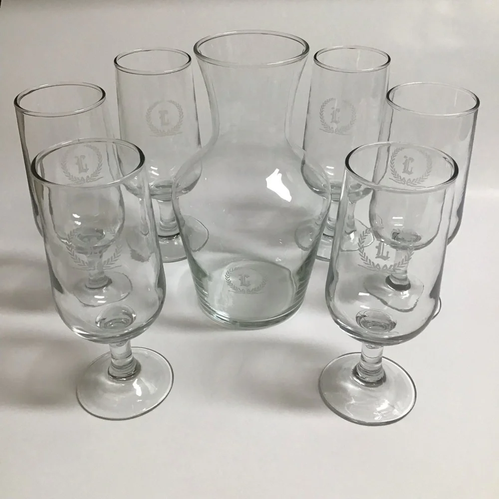 Letter L Monogram Wine Decanter Carafe 6 Glasses SET Etched Clear Glass Barware